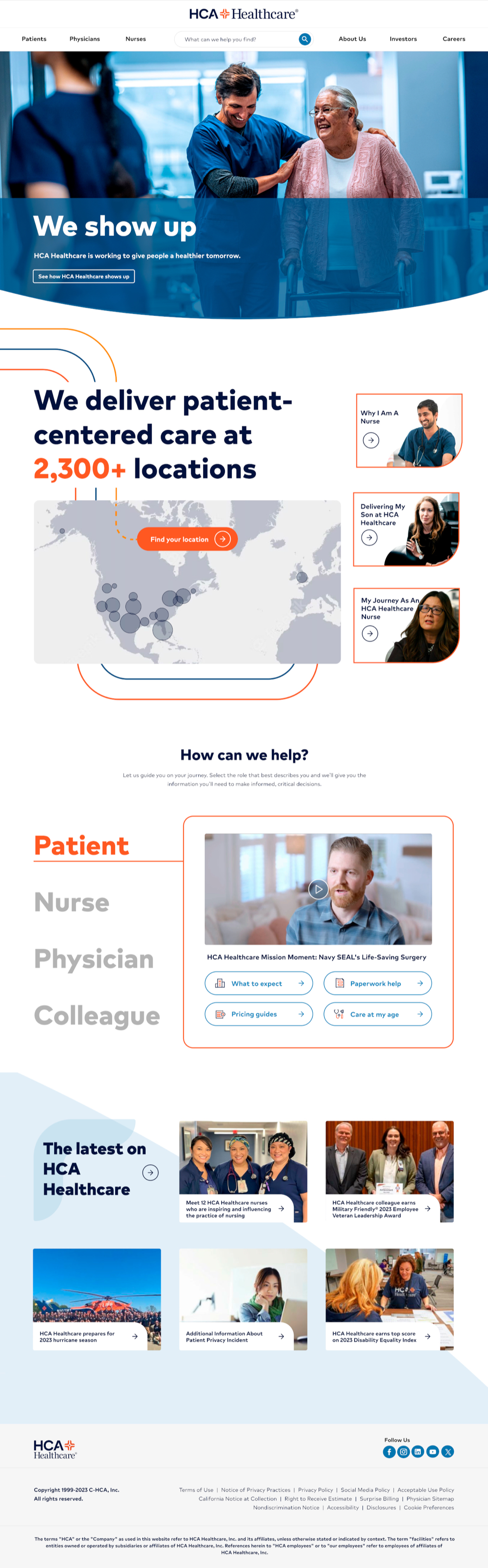 HCA redesigned homepage, full page, scrollable
