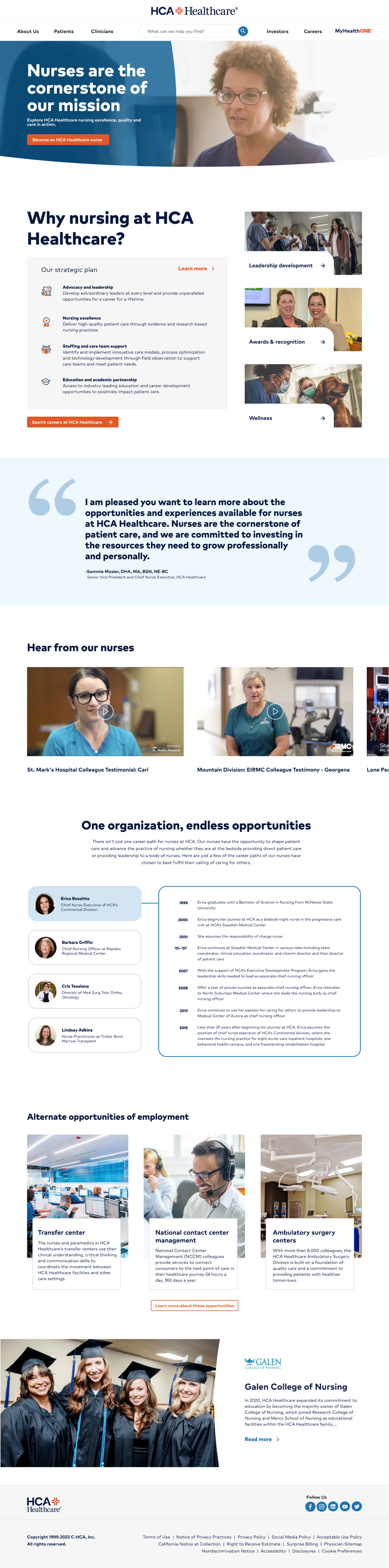 HCA redesigned nurse landing page, full page, scrollable