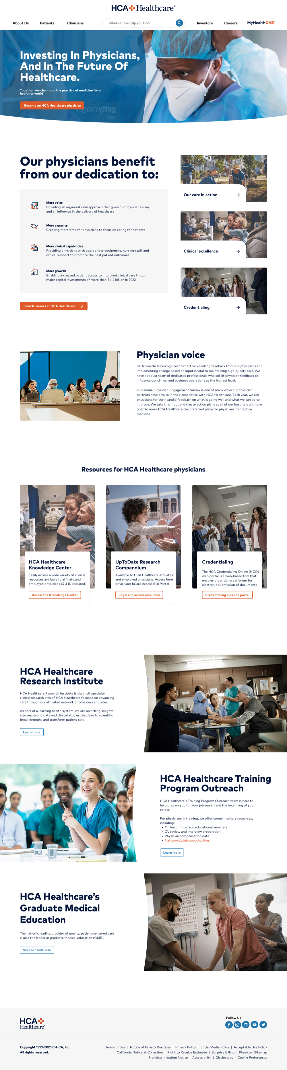 HCA redesigned physician landing page, full page, scrollable