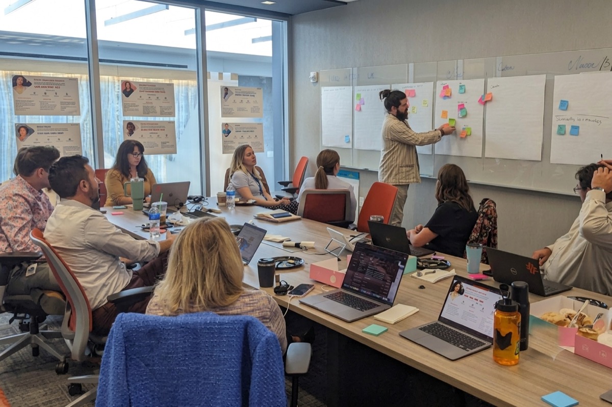 HCA stakeholder workshop with the team sorting ideas on whiteboards