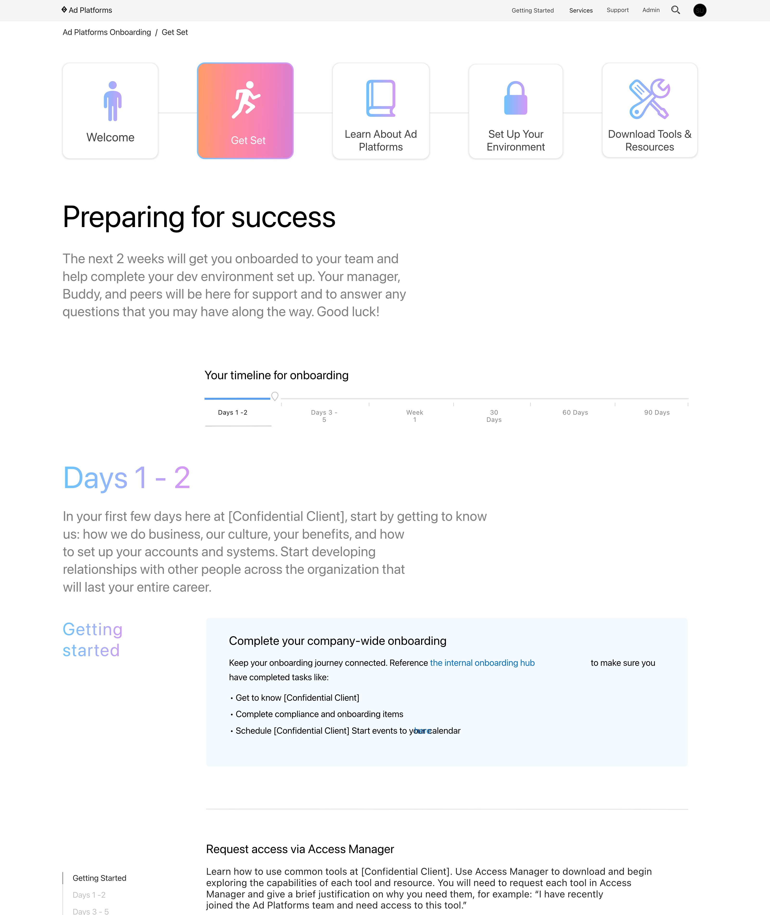 Ad Platforms onboarding wizard Get Set step showing a five-step progress tracker and onboarding timeline