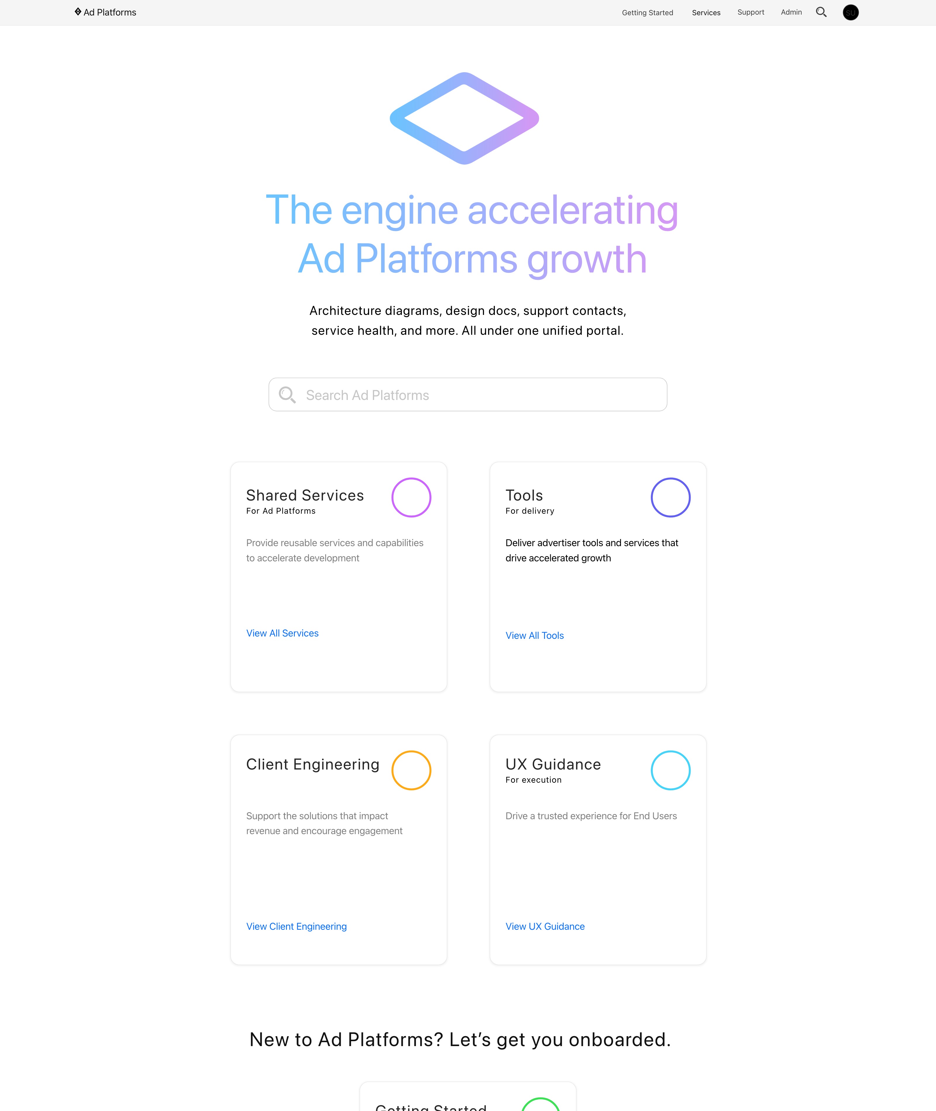 Ad Platforms engineering portal homepage — architecture diagrams, shared services, and tools all in one place