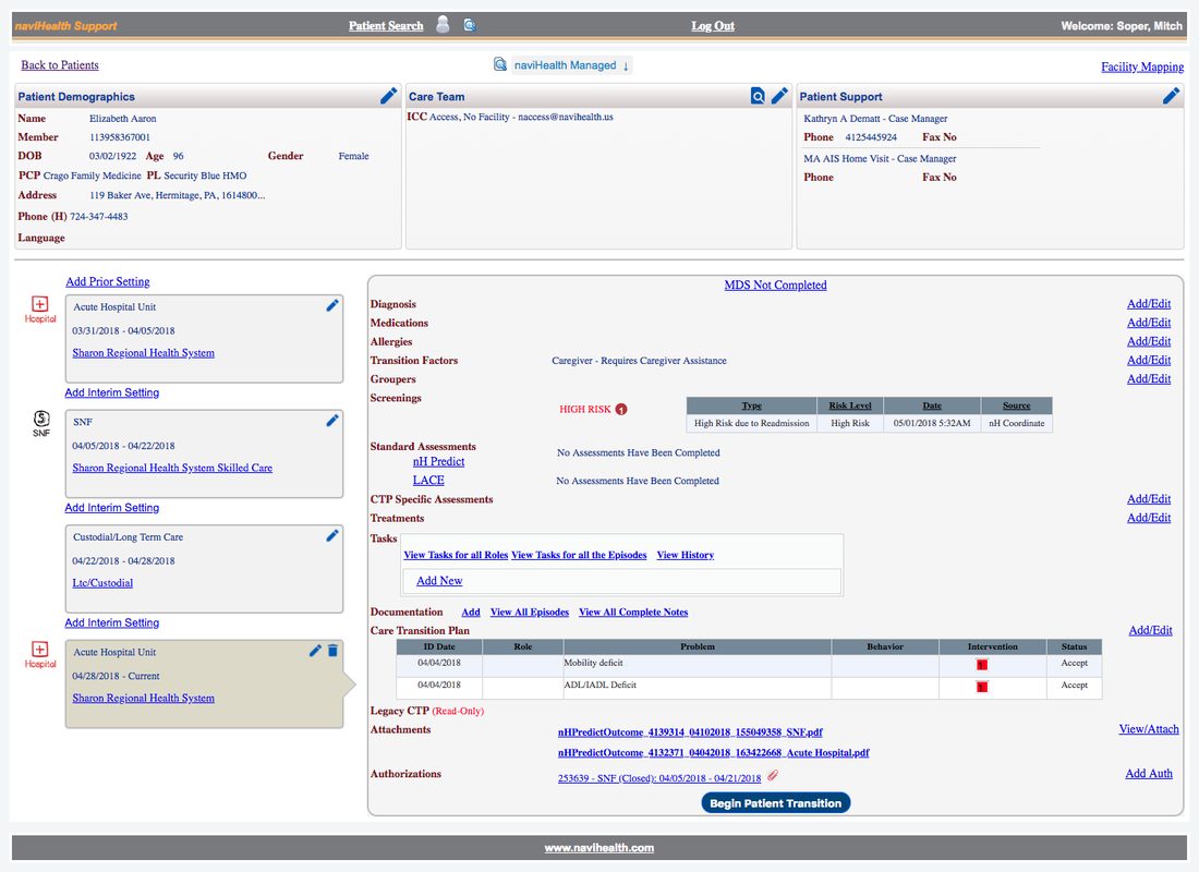 naviHealth legacy Coordinate patient page, dense and dated