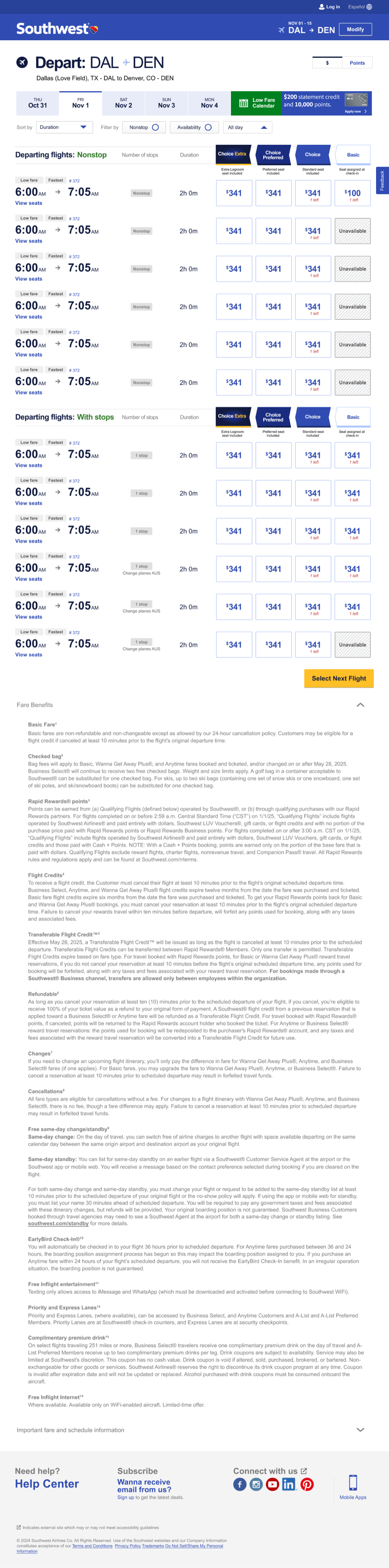 Southwest fare comparison page, full page