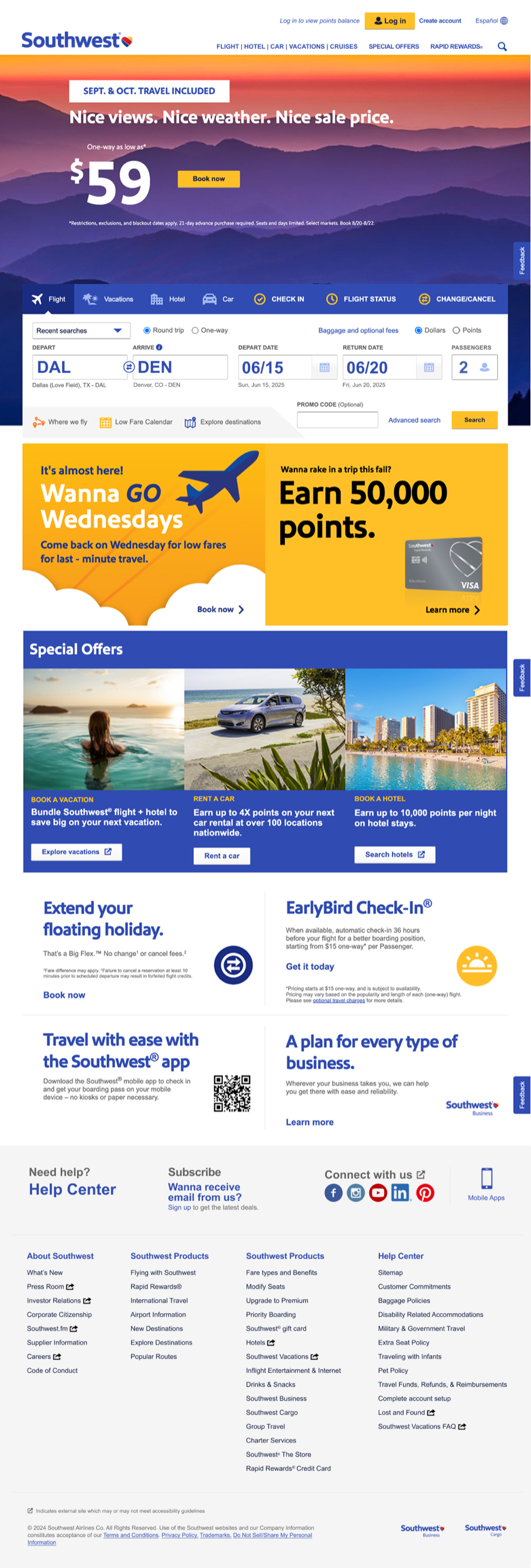 Southwest redesigned homepage, full page
