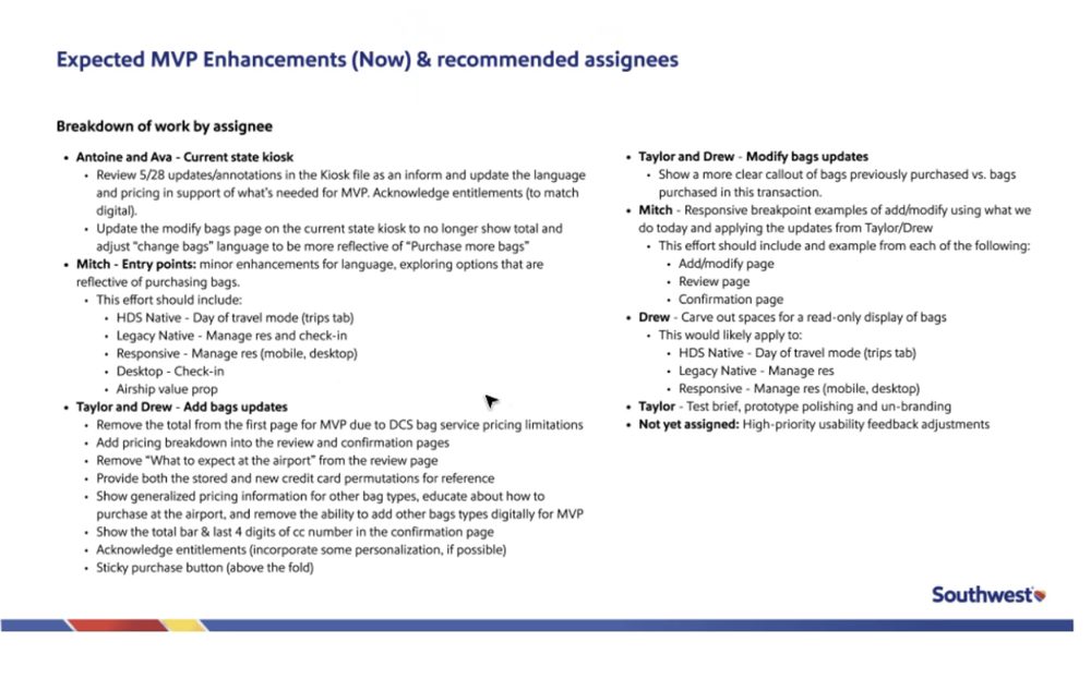Southwest MVP enhancements and assignees breakdown
