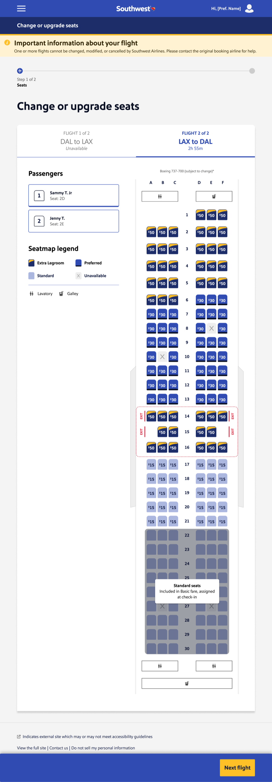 Southwest seat selection screen, full page, web