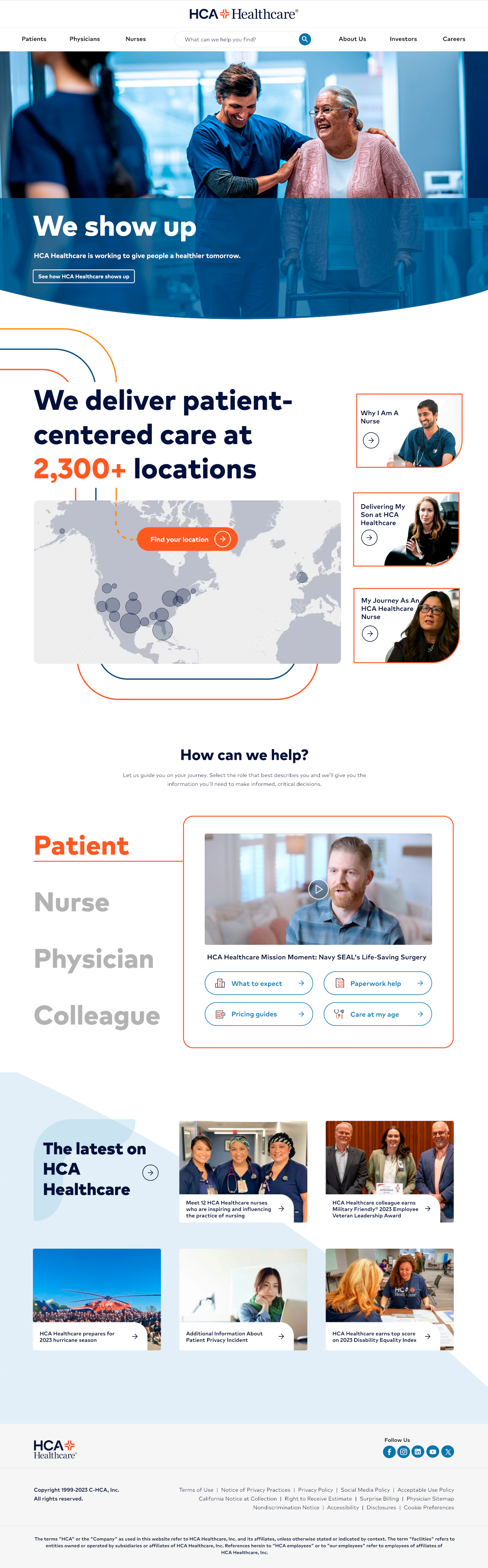 HCA redesigned homepage, full page — the winning We Show Up direction