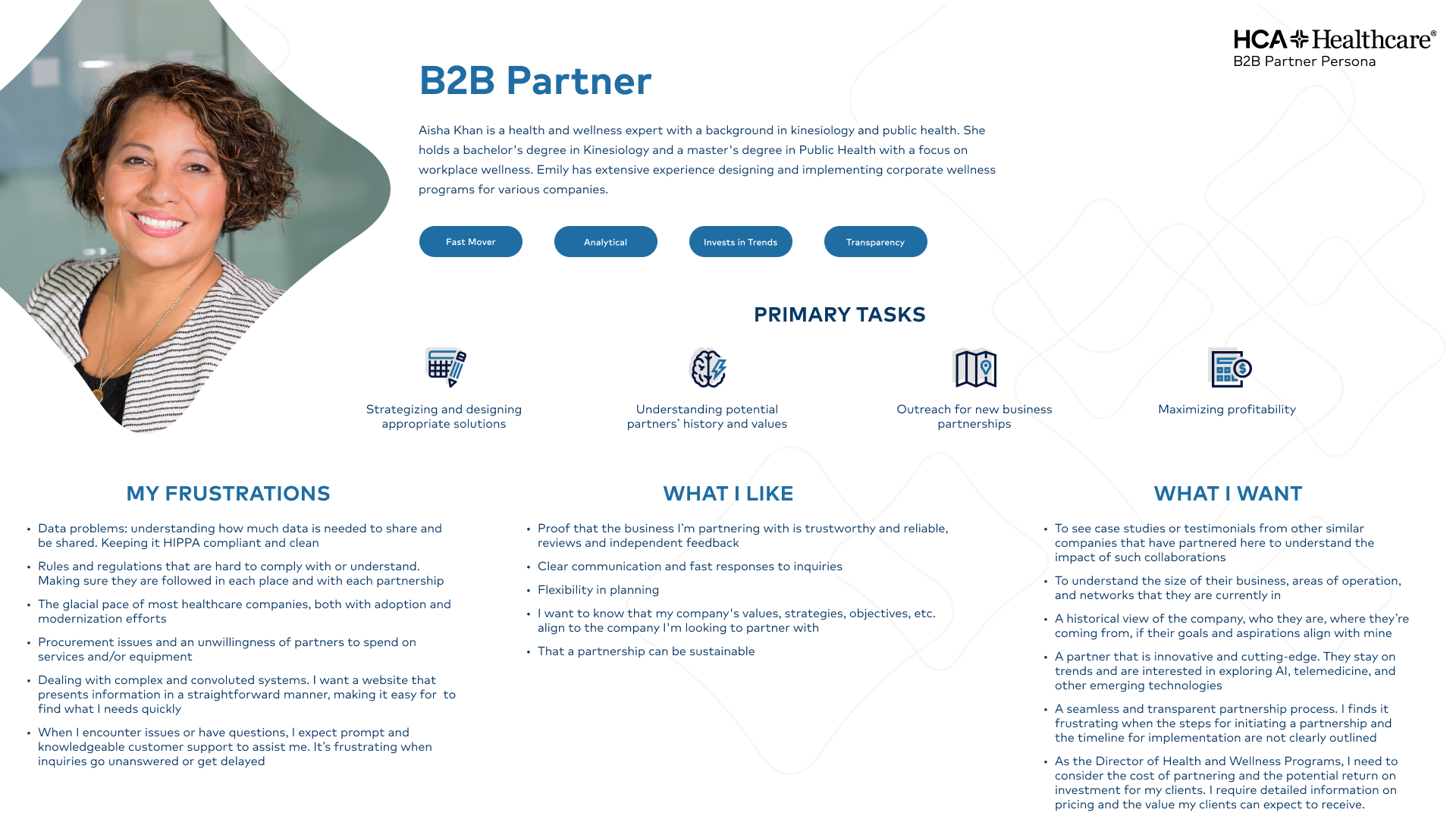 HCA B2B partner persona — Aisha