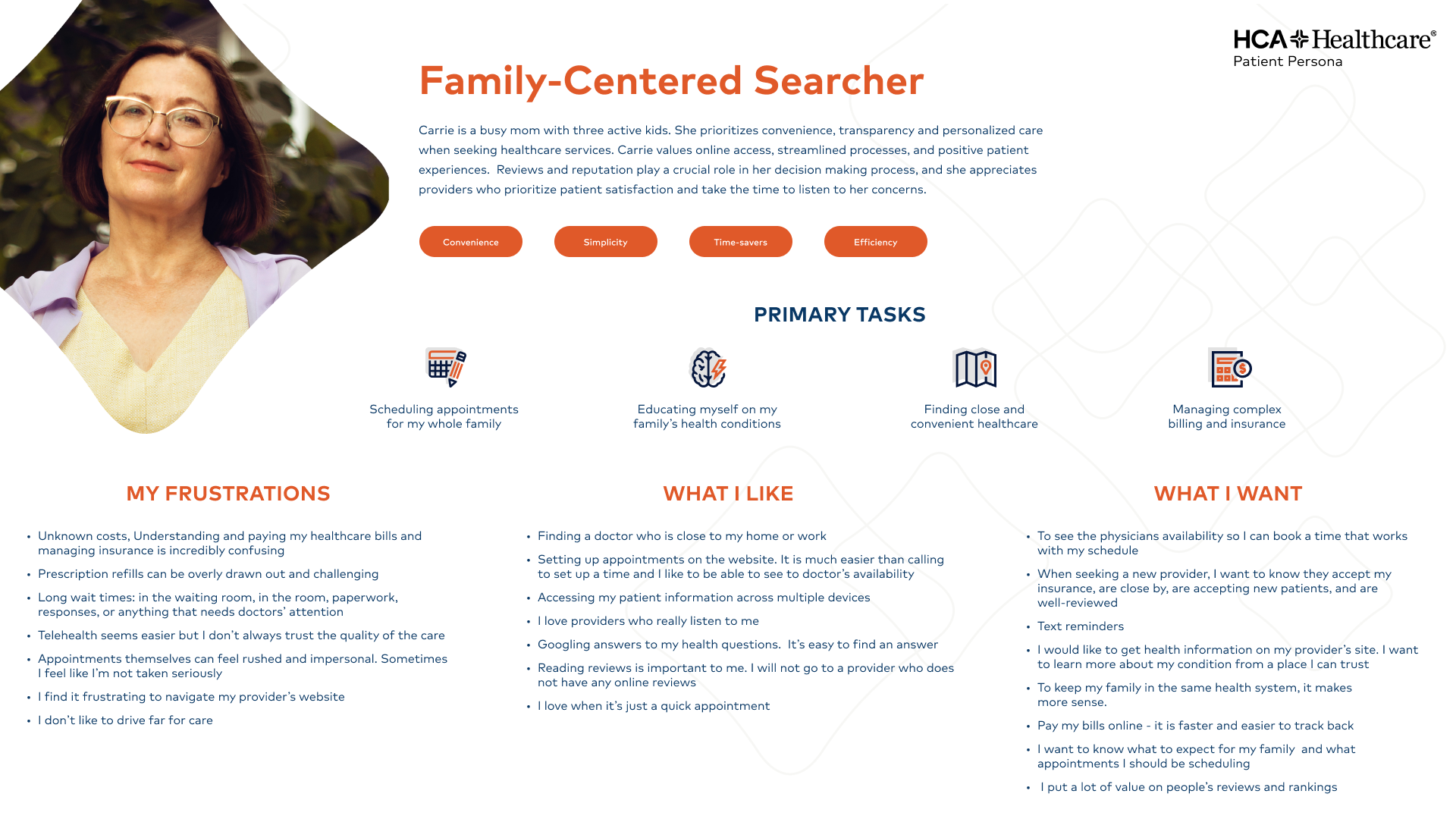 HCA family-centered searcher patient persona — Carrie