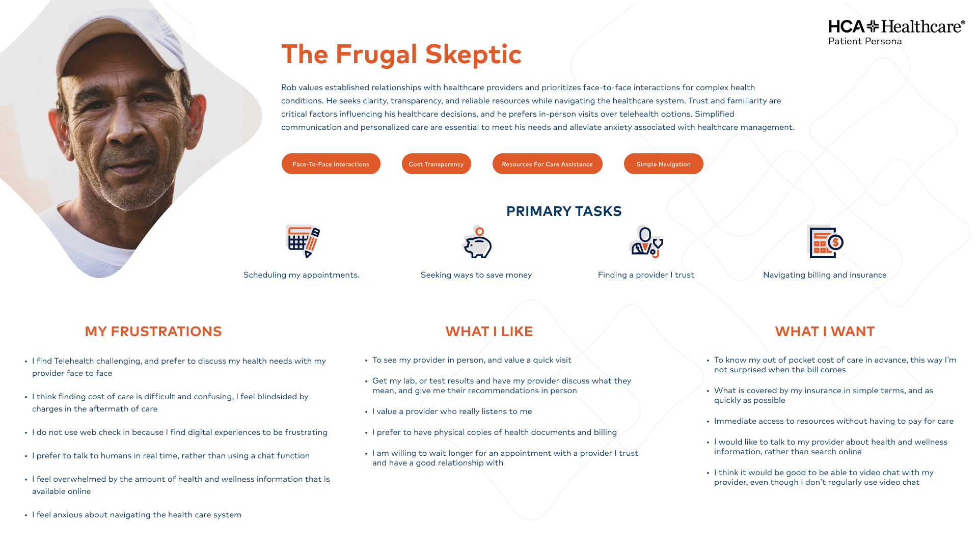 HCA frugal skeptic patient persona — Rob