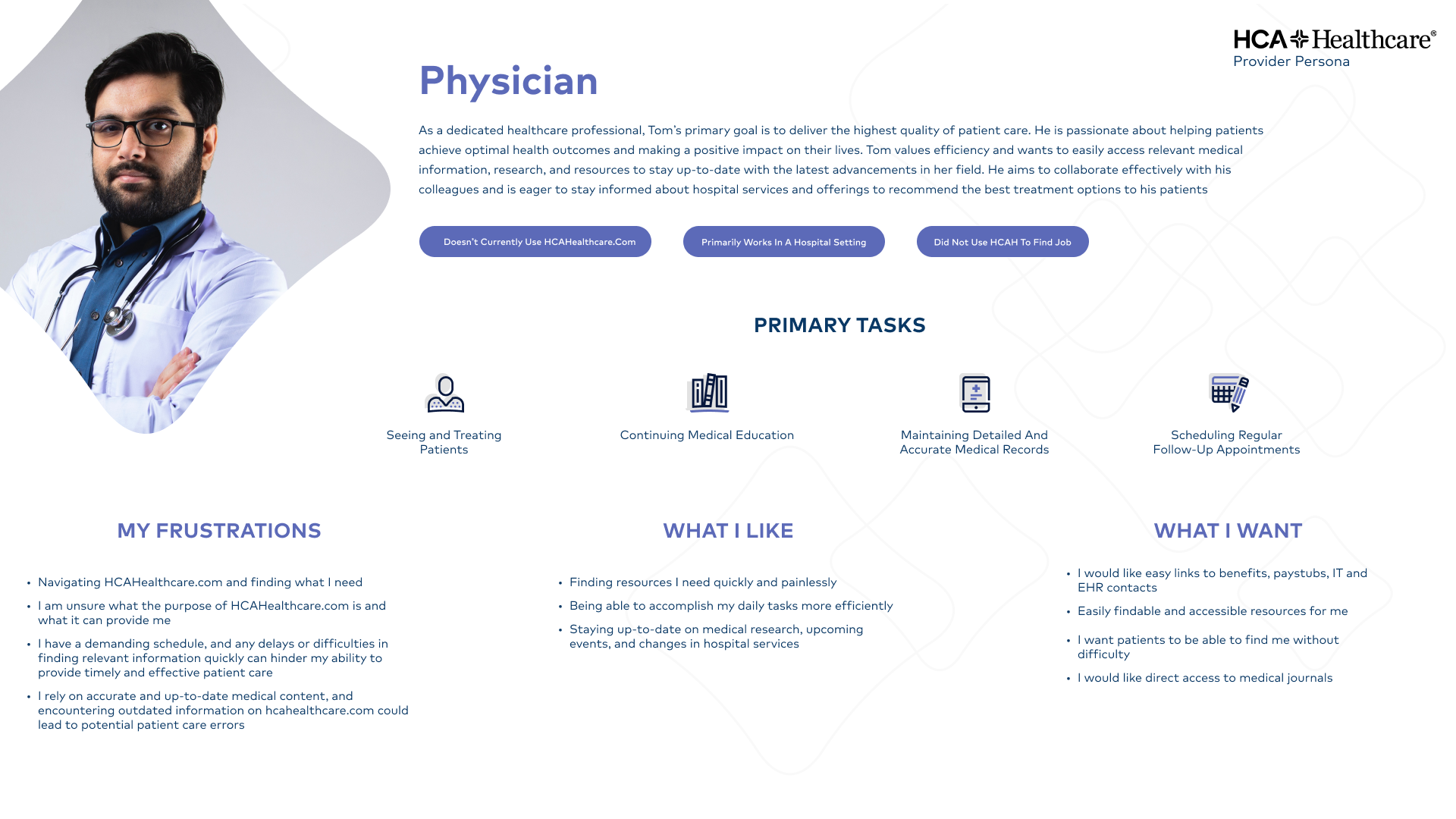 HCA physician persona — Tom, Provider