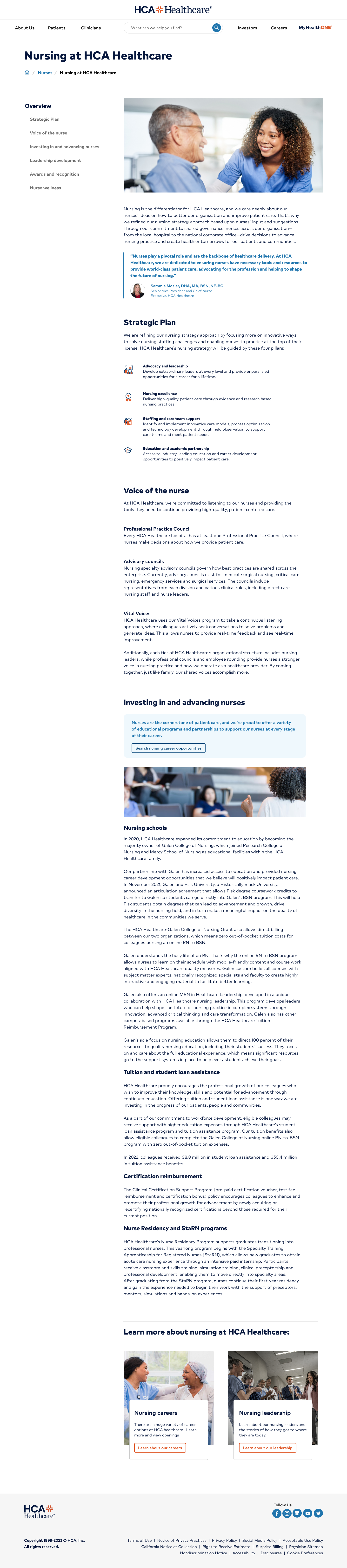 HCA redesigned nursing careers subpage, full page