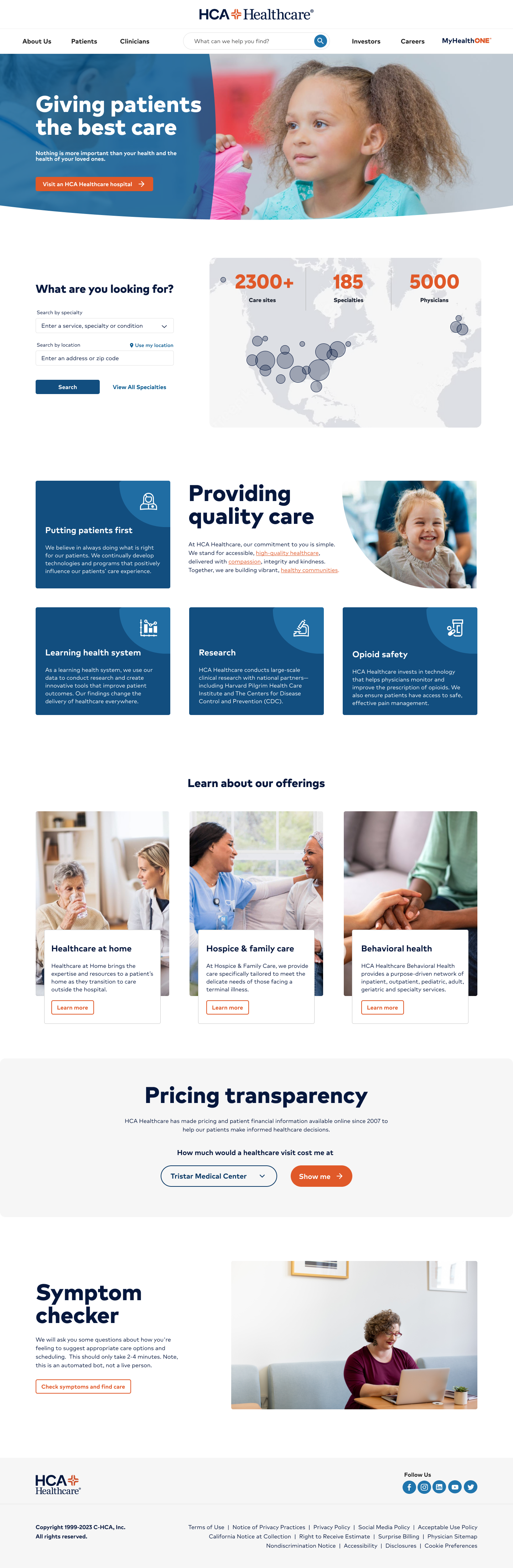 HCA redesigned patients landing page, full page