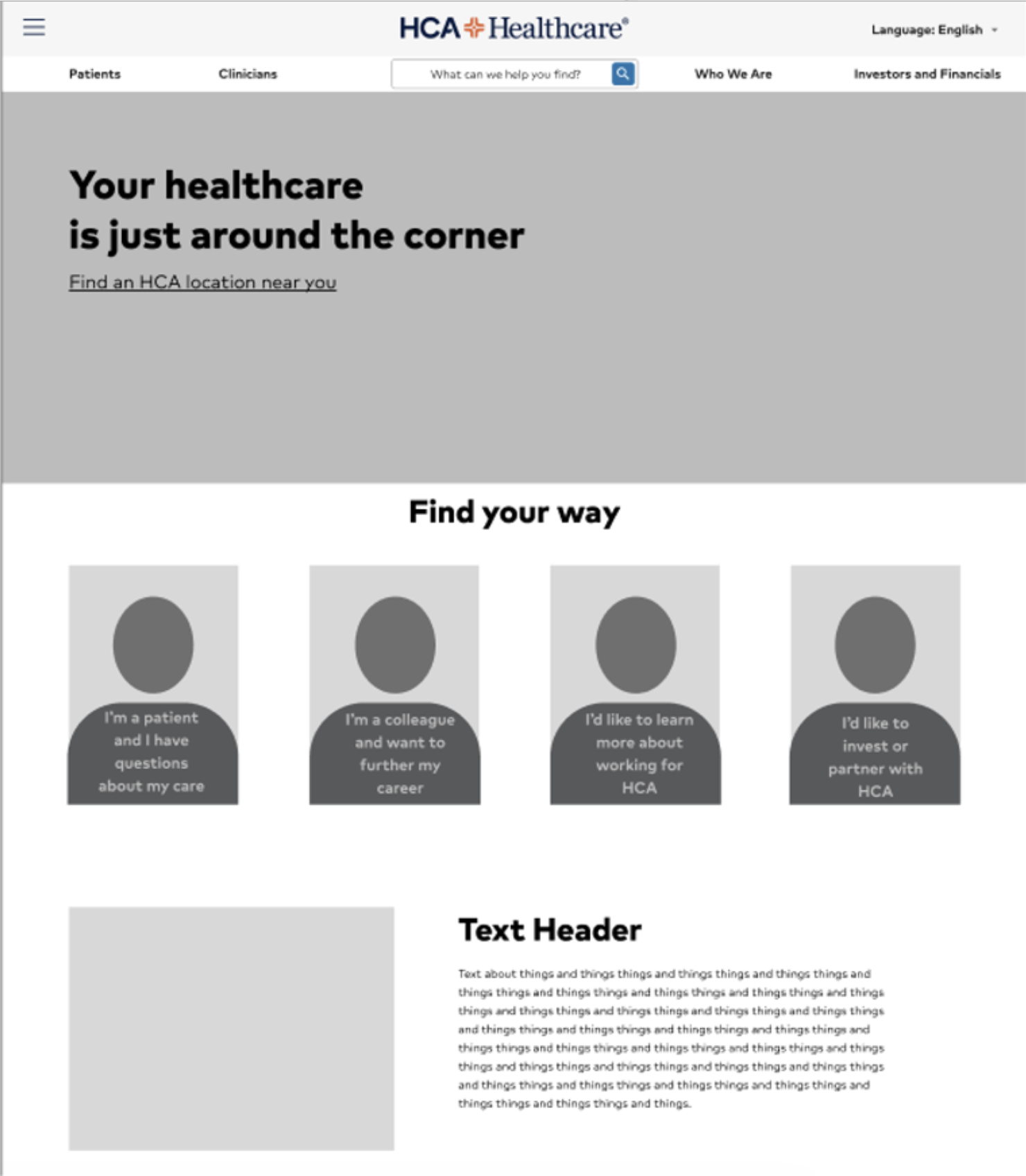 HCA design direction 1, low-fidelity wireframe