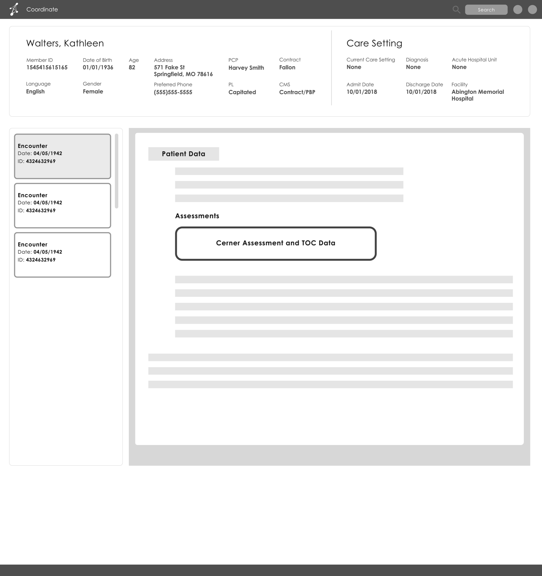 naviHealth patient page wireframe, low-fidelity