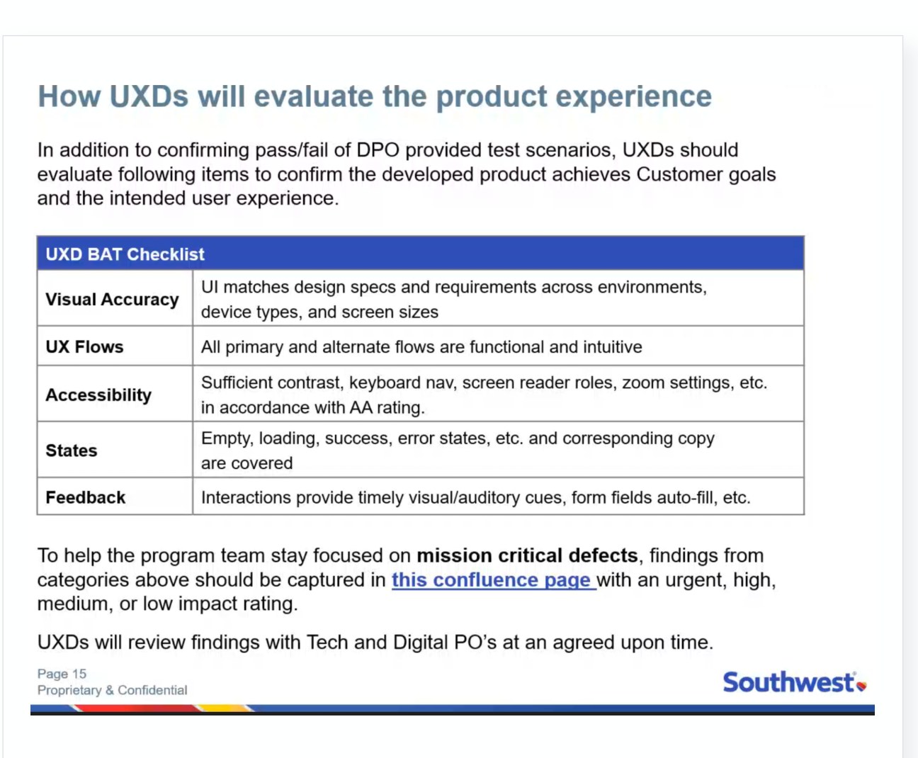 Southwest UXD Business Acceptance Testing checklist