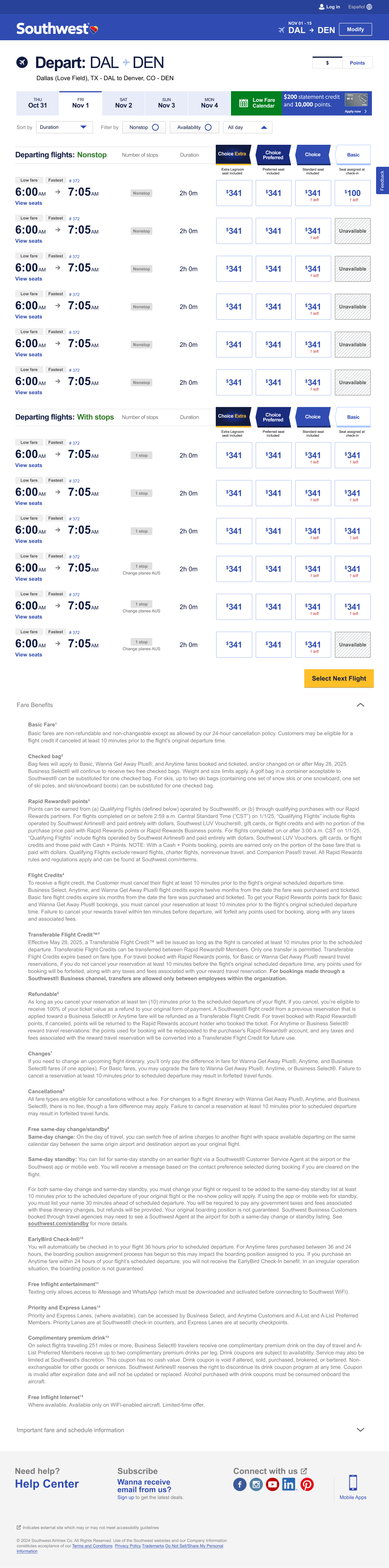 Southwest fare comparison page, full page