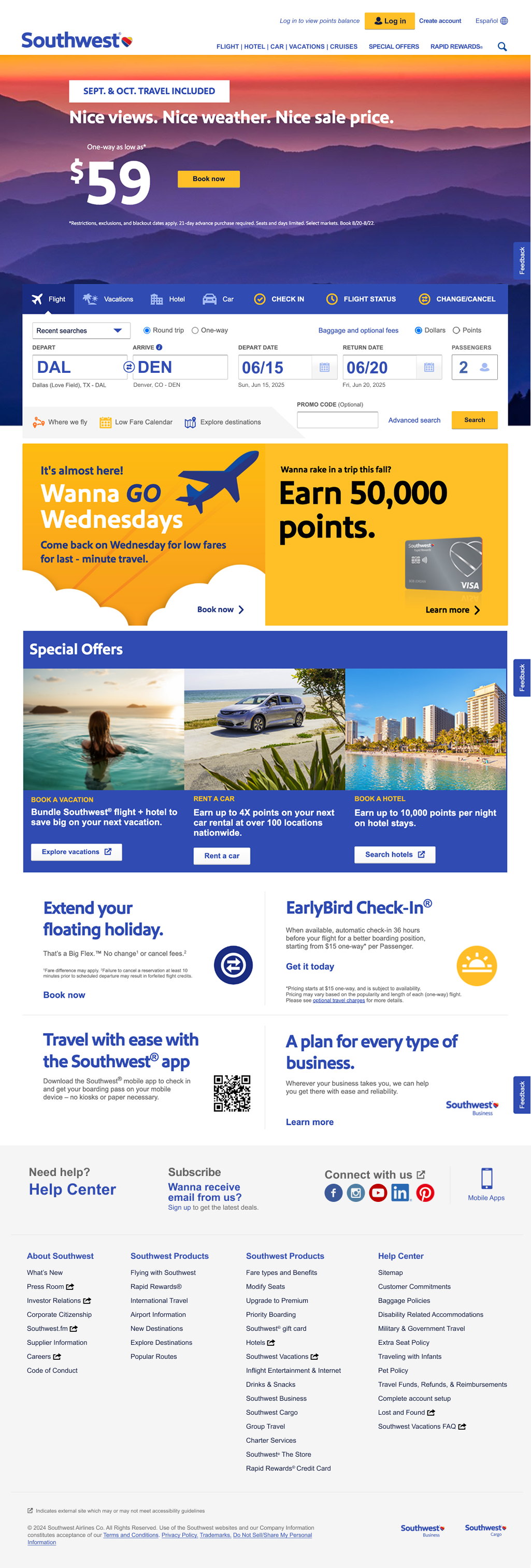 Southwest.com redesigned homepage with fare promotion and flight search