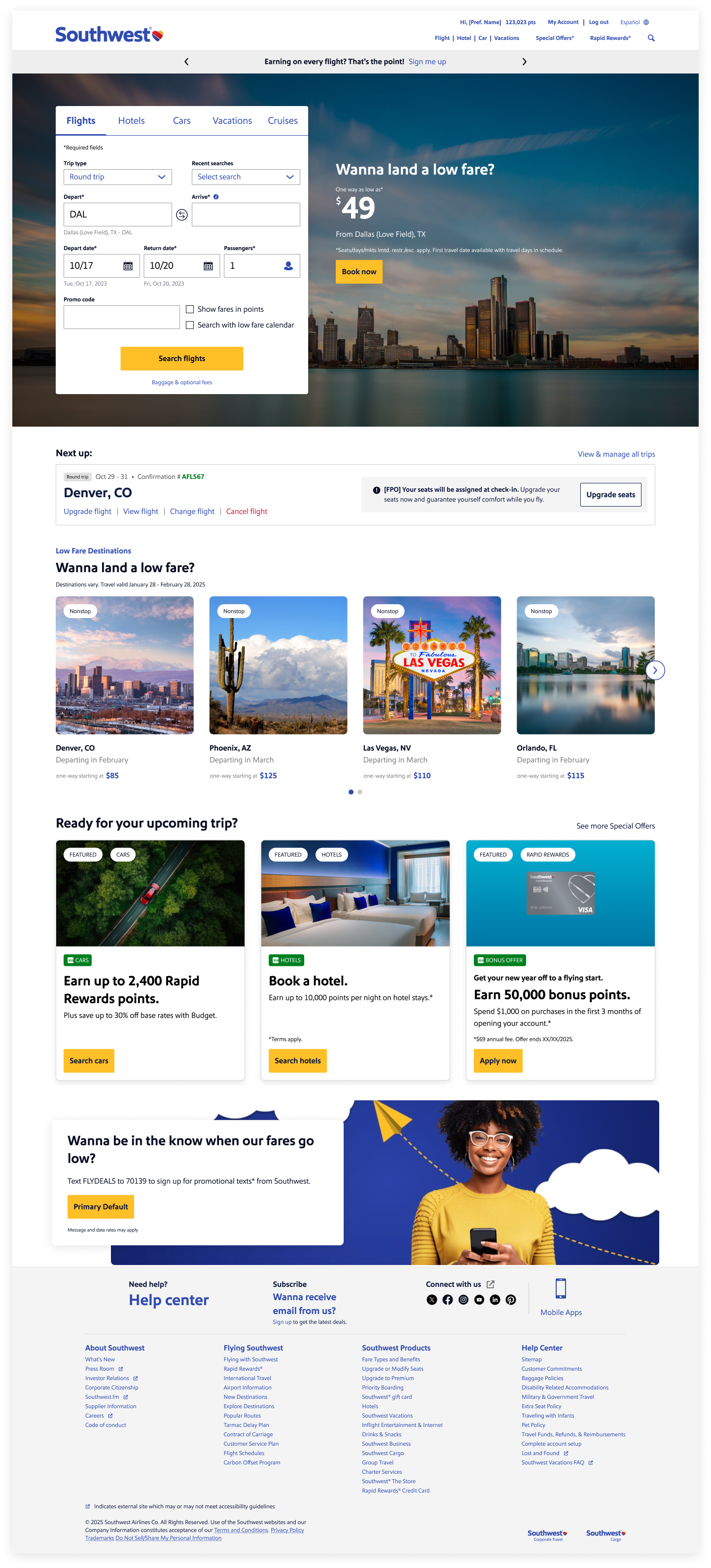 Southwest logged-in homepage with trip cards