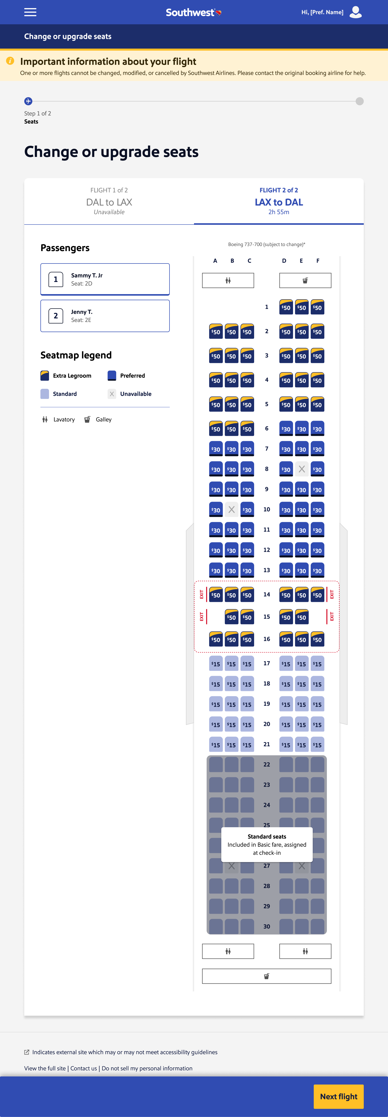 Southwest seat selection screen showing seat tiers, passenger assignment, and seatmap legend